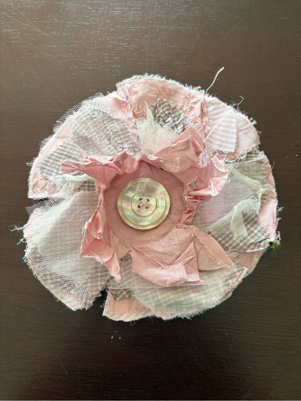 Pink Layered Fabric Flower Brooch with Button Center